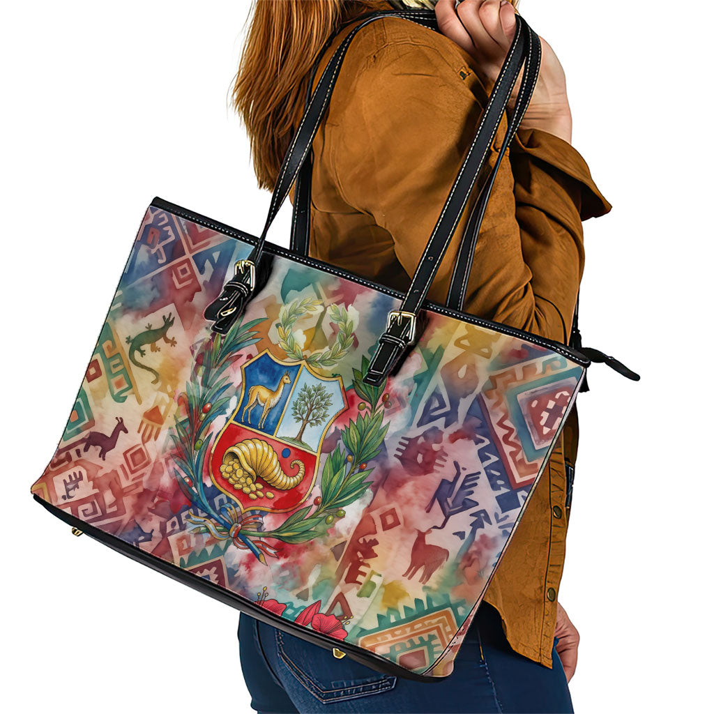 Peru National Emblem Marinera Leather Tote Bag Watercolor Splash Inca Pattern