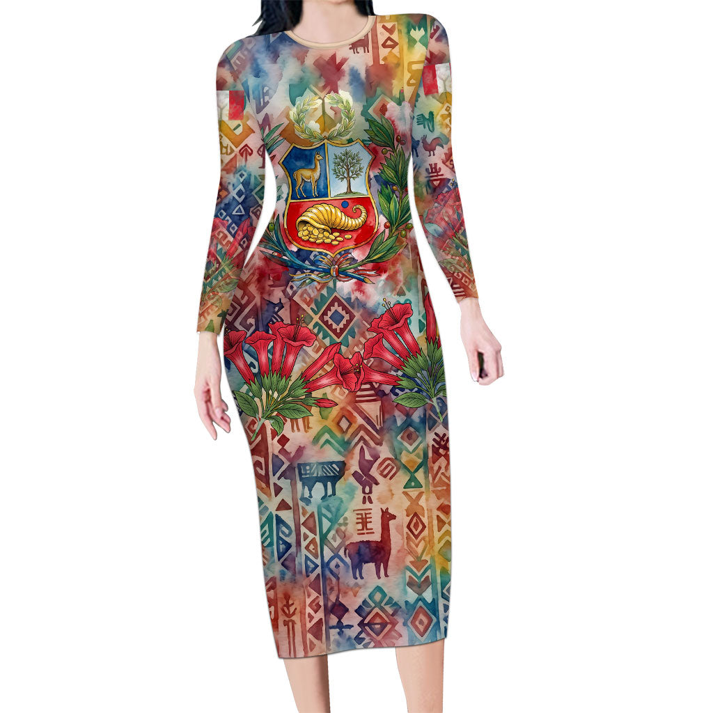 Peru National Emblem Marinera Long Sleeve Bodycon Dress Watercolor Splash Inca Pattern
