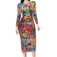 Peru National Emblem Marinera Long Sleeve Bodycon Dress Watercolor Splash Inca Pattern
