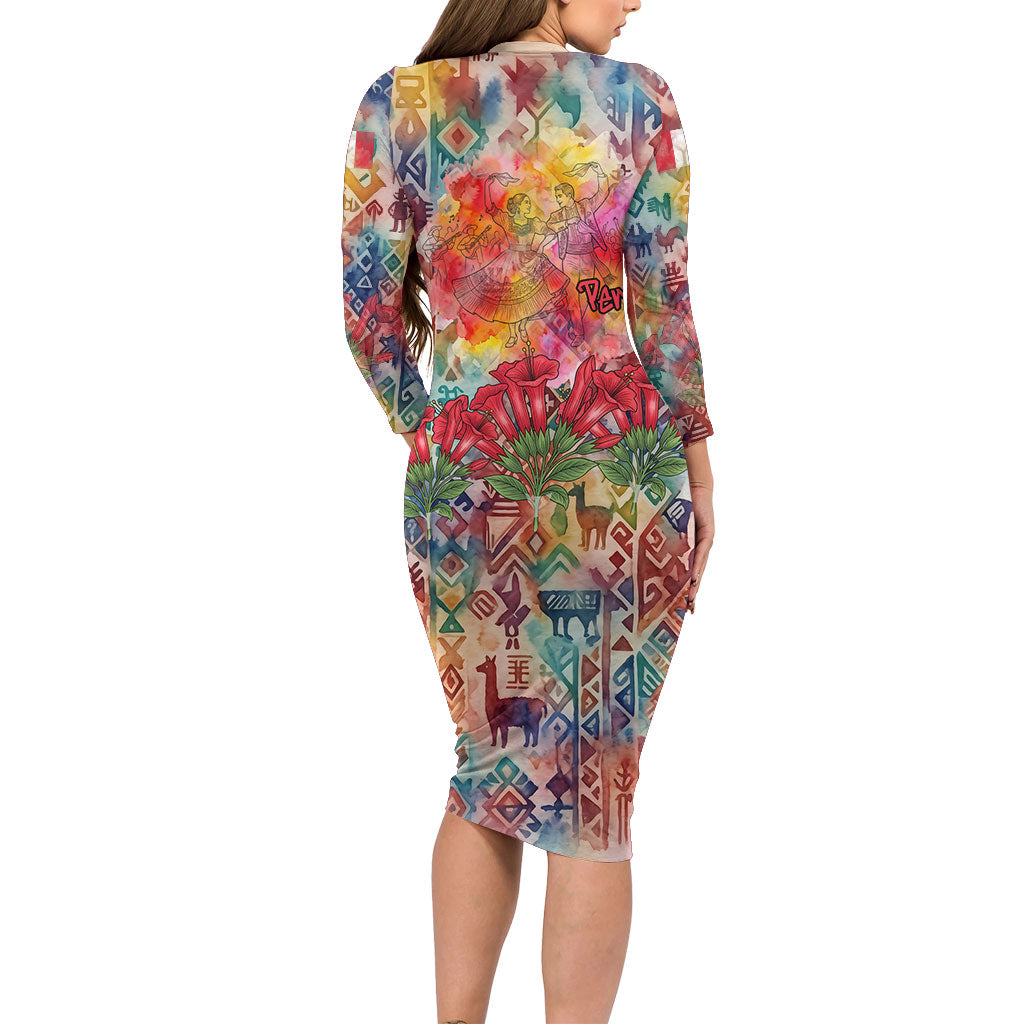 Peru National Emblem Marinera Long Sleeve Bodycon Dress Watercolor Splash Inca Pattern