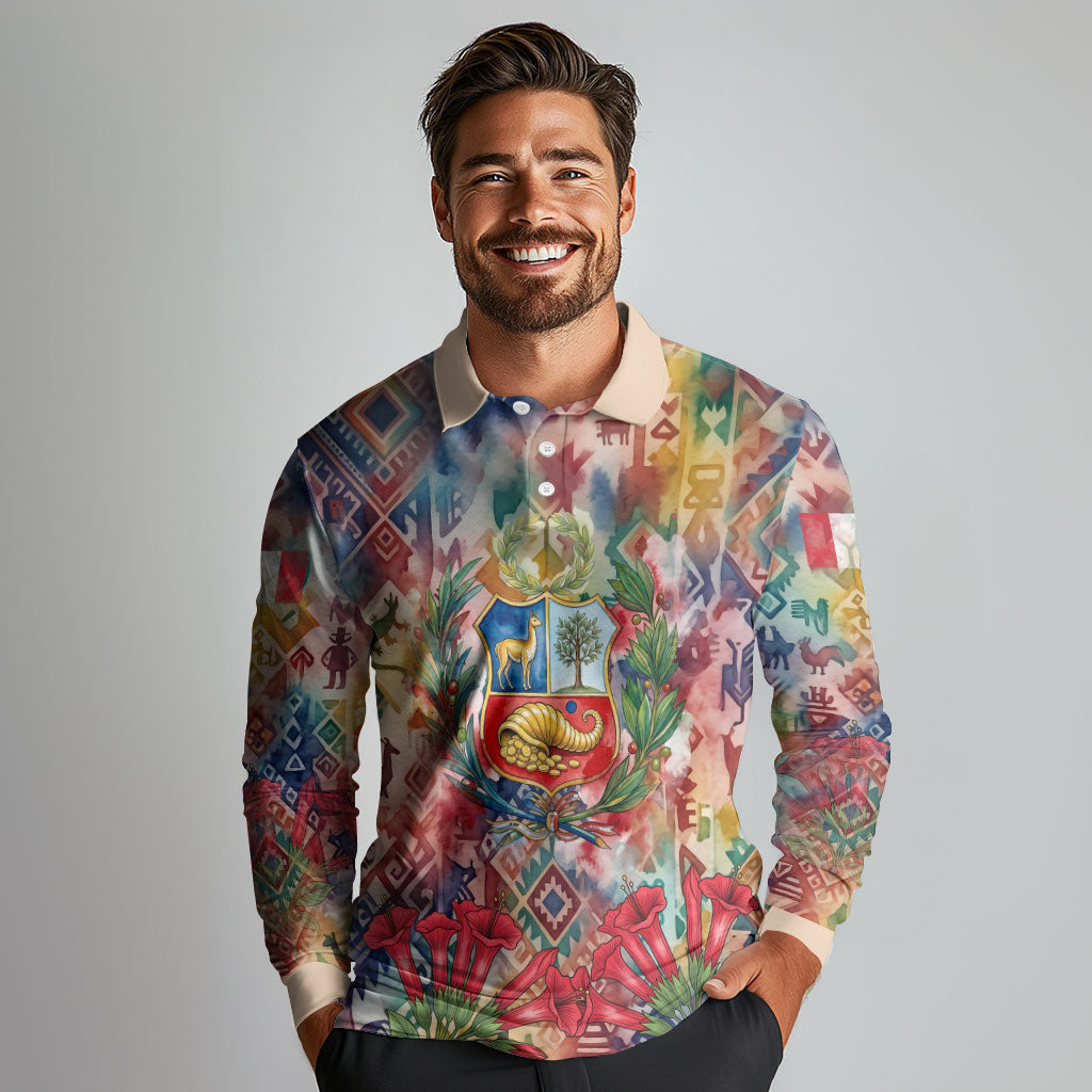 Peru National Emblem Marinera Long Sleeve Polo Shirt Watercolor Splash Inca Pattern