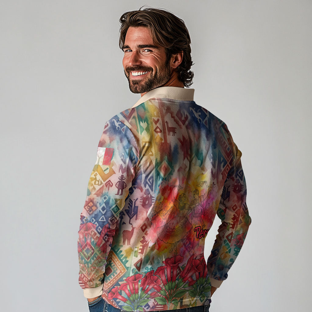 Peru National Emblem Marinera Long Sleeve Polo Shirt Watercolor Splash Inca Pattern