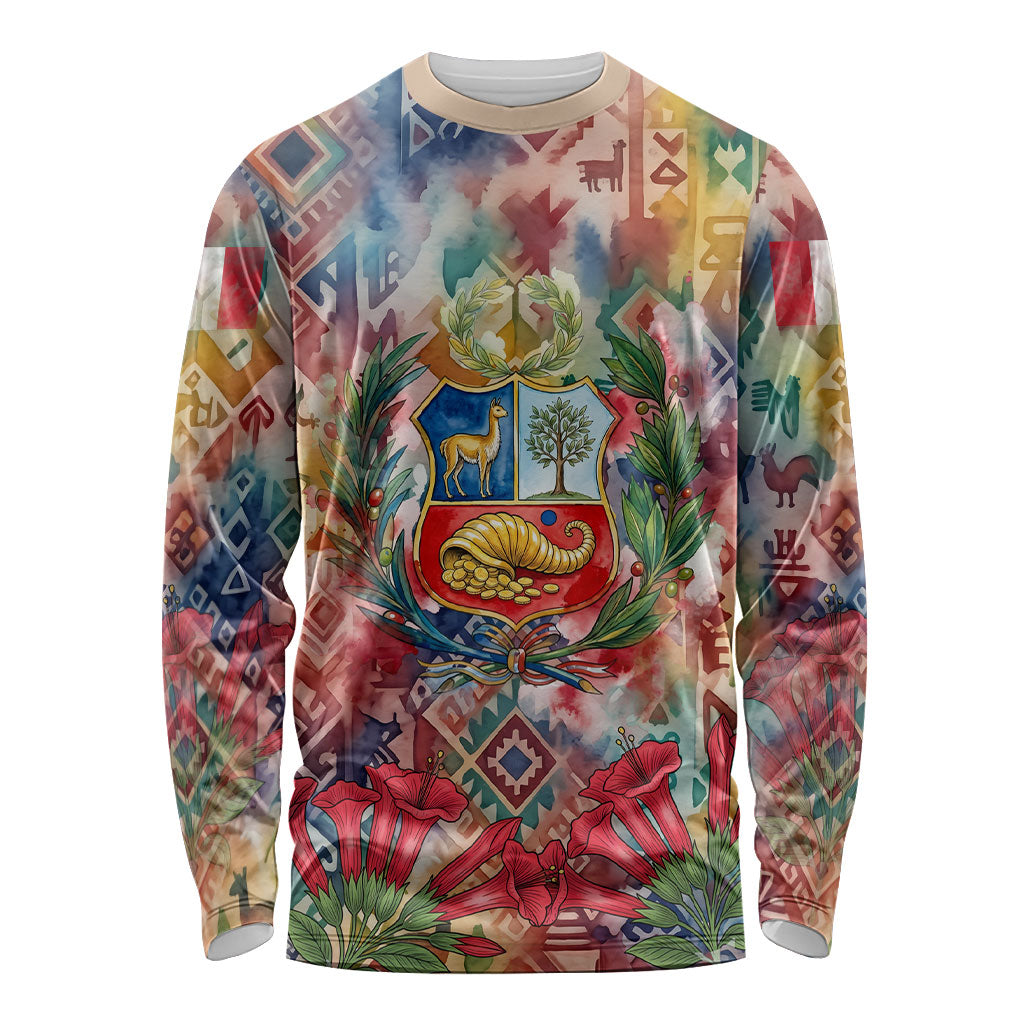 Peru National Emblem Marinera Long Sleeve Shirt Watercolor Splash Inca Pattern