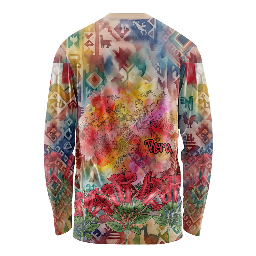 Peru National Emblem Marinera Long Sleeve Shirt Watercolor Splash Inca Pattern