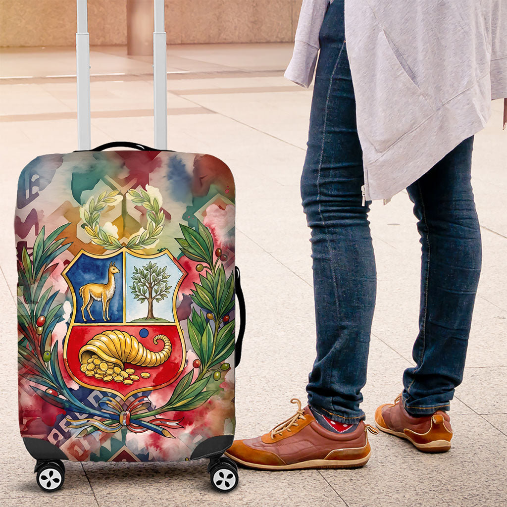 Peru National Emblem Marinera Luggage Cover Watercolor Splash Inca Pattern