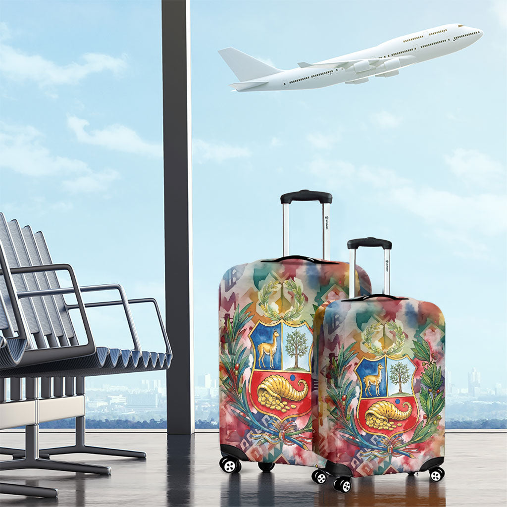 Peru National Emblem Marinera Luggage Cover Watercolor Splash Inca Pattern