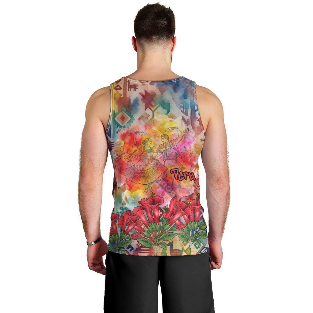 Peru National Emblem Marinera Men Tank Top Watercolor Splash Inca Pattern
