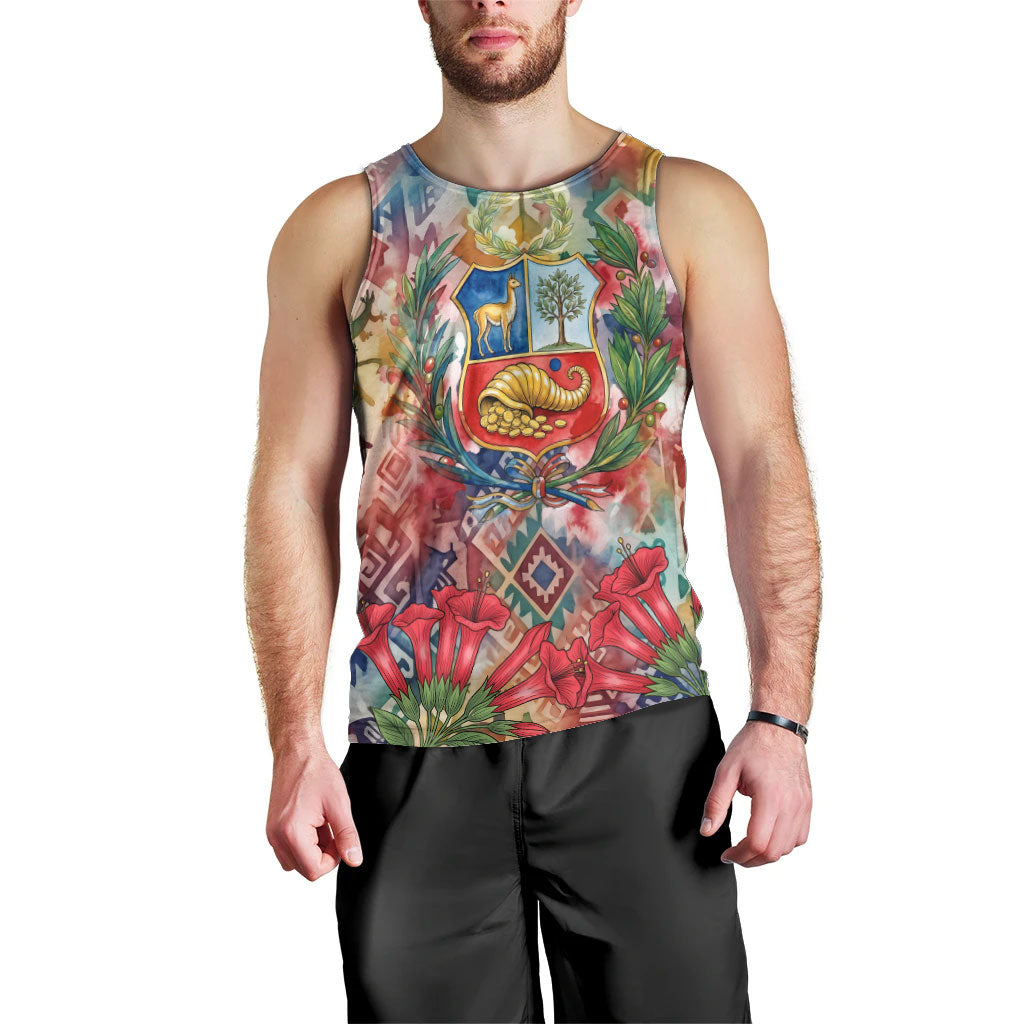 Peru National Emblem Marinera Men Tank Top Watercolor Splash Inca Pattern