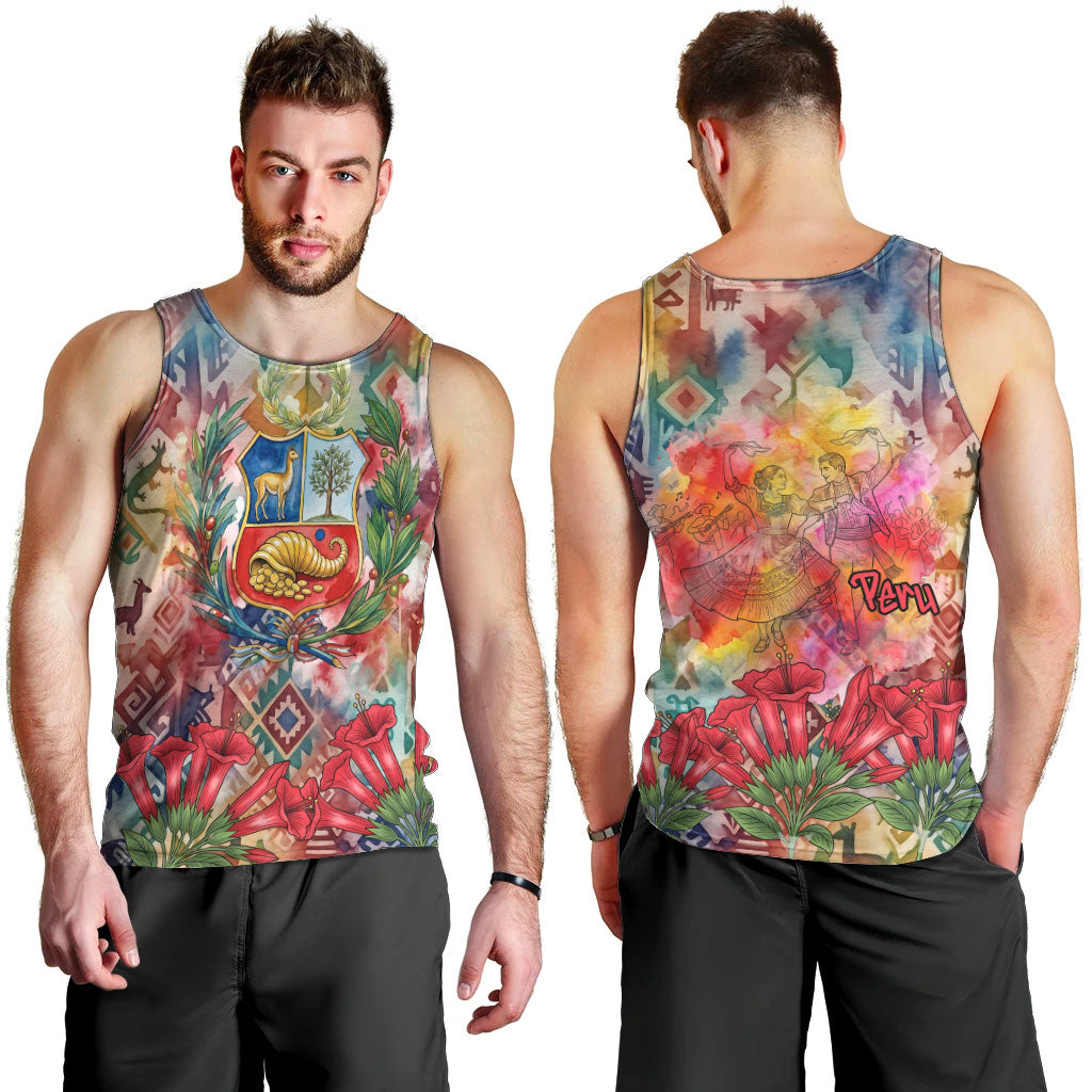 Peru National Emblem Marinera Men Tank Top Watercolor Splash Inca Pattern