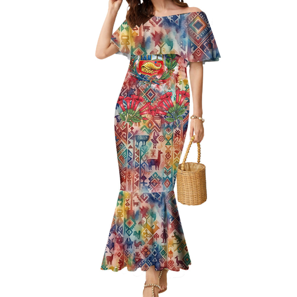 Peru National Emblem Marinera Mermaid Dress Watercolor Splash Inca Pattern