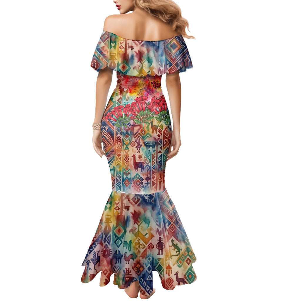 Peru National Emblem Marinera Mermaid Dress Watercolor Splash Inca Pattern