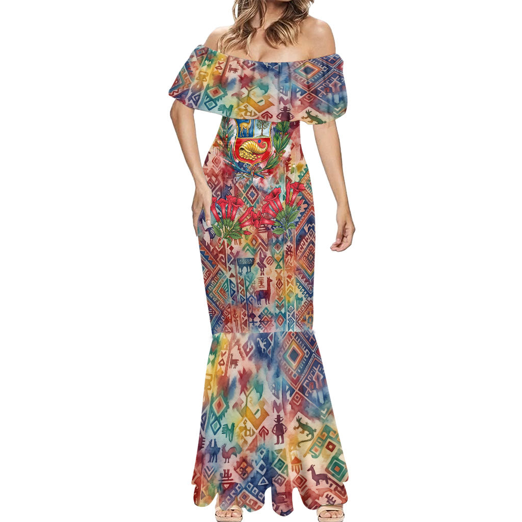 Peru National Emblem Marinera Mermaid Dress Watercolor Splash Inca Pattern