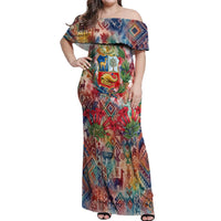 Peru National Emblem Marinera Off Shoulder Maxi Dress Watercolor Splash Inca Pattern