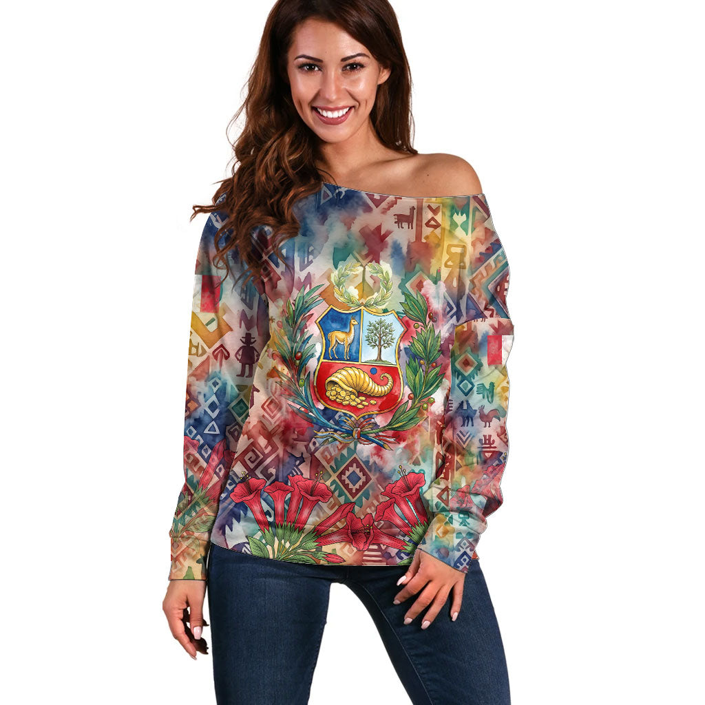 Peru National Emblem Marinera Off Shoulder Sweater Watercolor Splash Inca Pattern