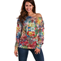 Peru National Emblem Marinera Off Shoulder Sweater Watercolor Splash Inca Pattern