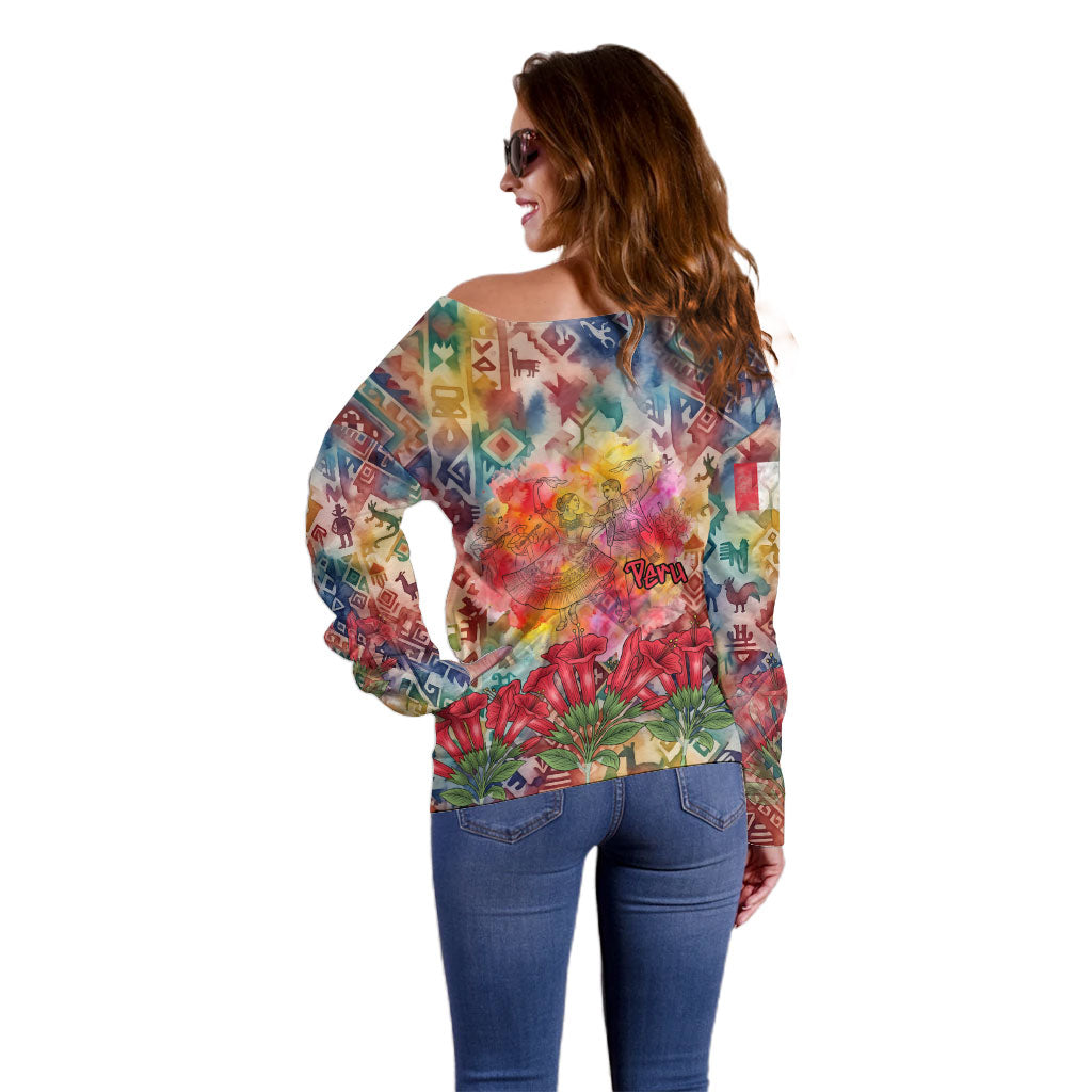 Peru National Emblem Marinera Off Shoulder Sweater Watercolor Splash Inca Pattern