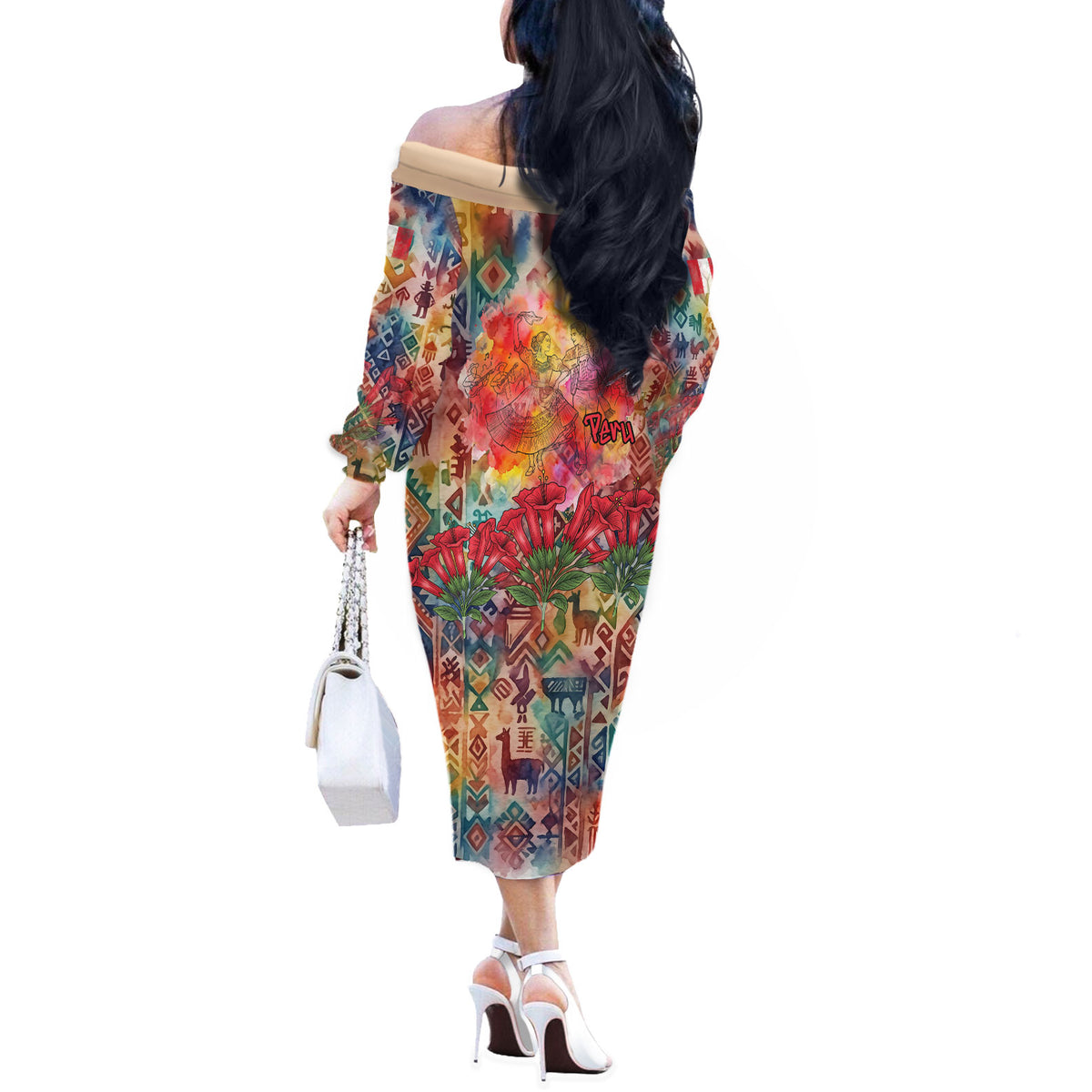 Peru National Emblem Marinera Off The Shoulder Long Sleeve Dress Watercolor Splash Inca Pattern