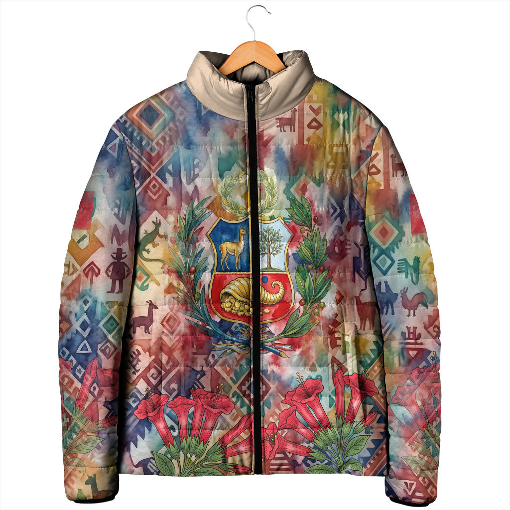 Peru National Emblem Marinera Padded Jacket Watercolor Splash Inca Pattern