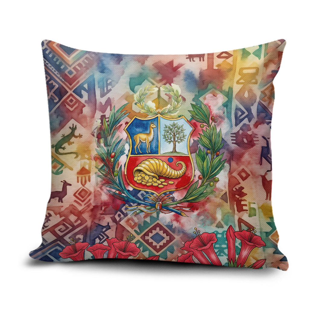 Peru National Emblem Marinera Pillow Cover Watercolor Splash Inca Pattern