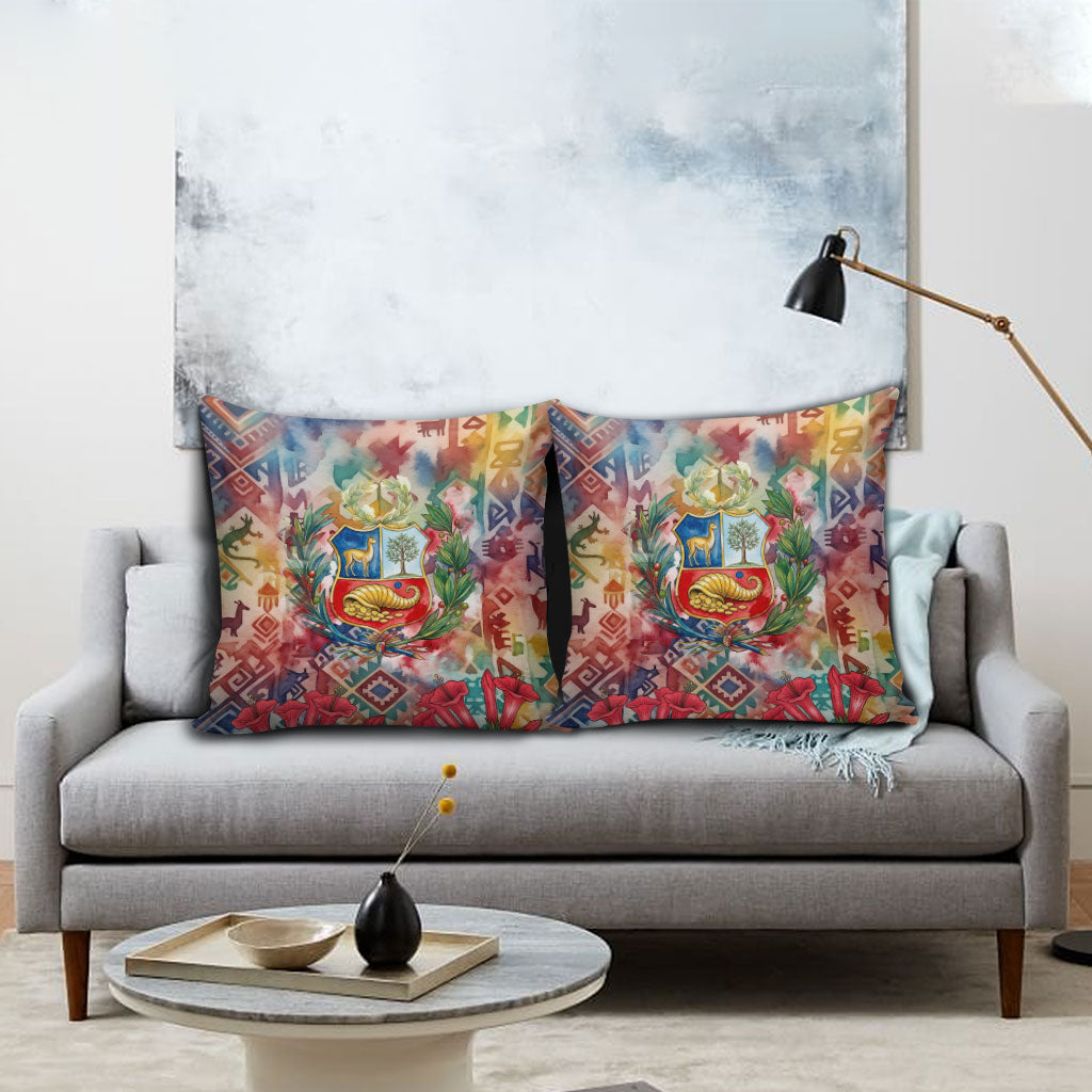 Peru National Emblem Marinera Pillow Cover Watercolor Splash Inca Pattern
