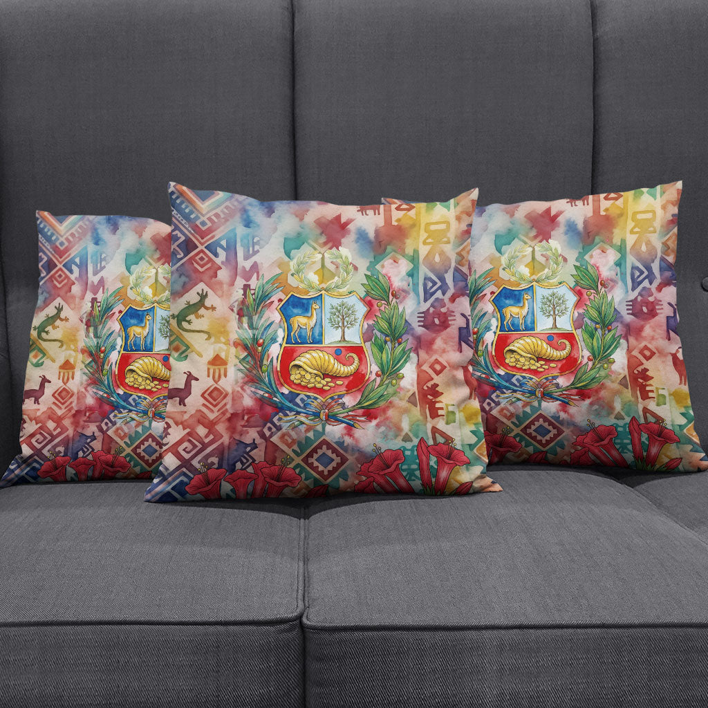 Peru National Emblem Marinera Pillow Cover Watercolor Splash Inca Pattern