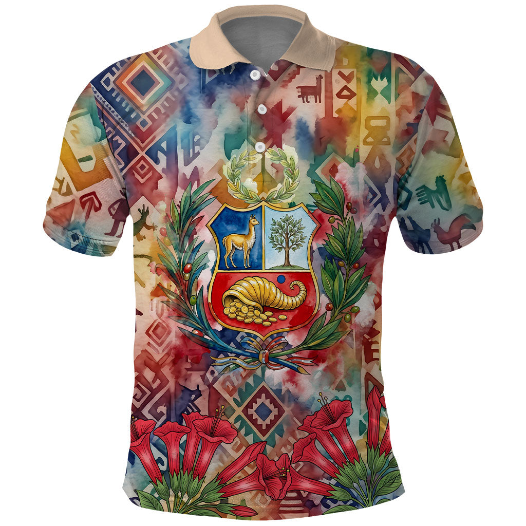 Peru National Emblem Marinera Polo Shirt Watercolor Splash Inca Pattern