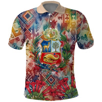 Peru National Emblem Marinera Polo Shirt Watercolor Splash Inca Pattern