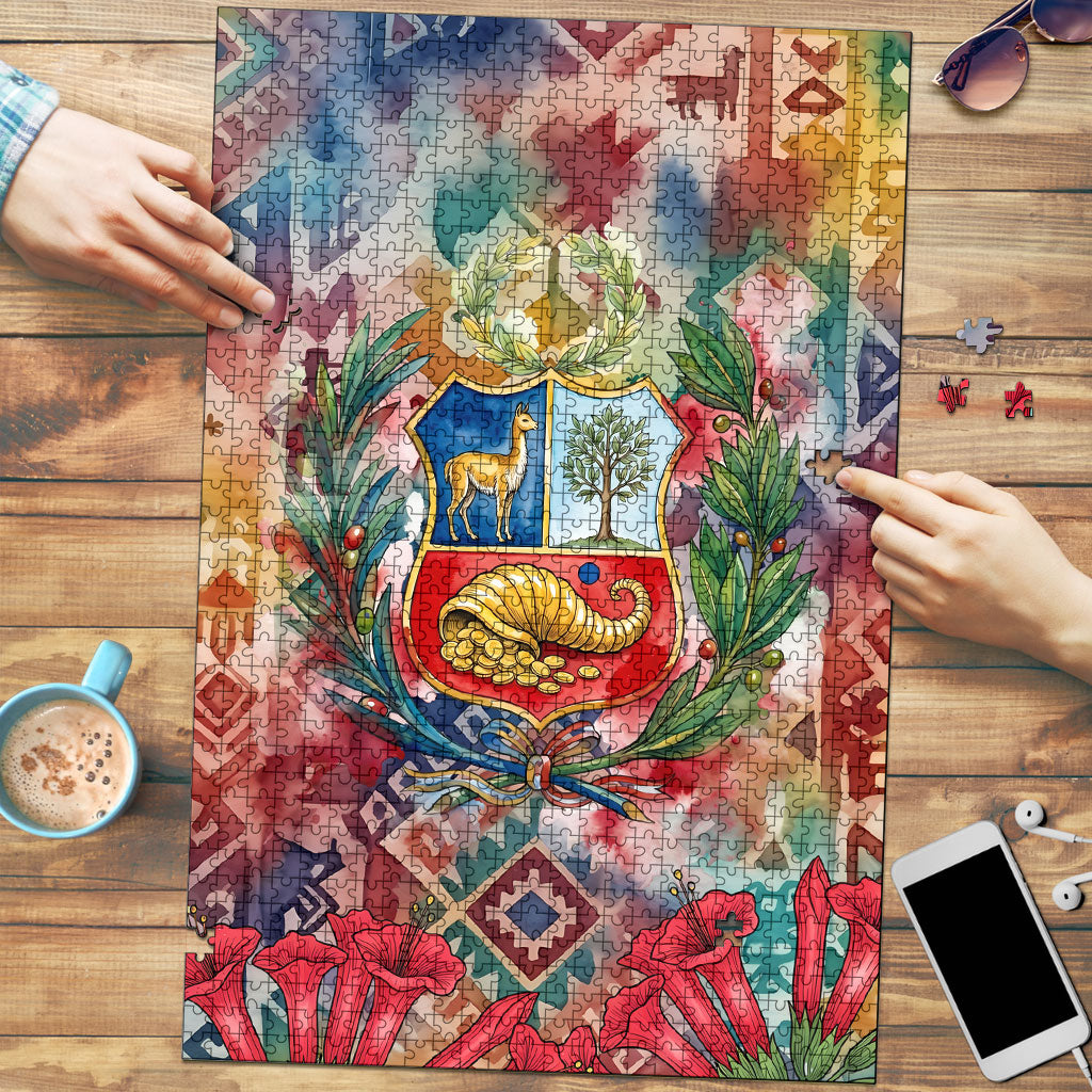 Peru National Emblem Marinera Puzzle Watercolor Splash Inca Pattern