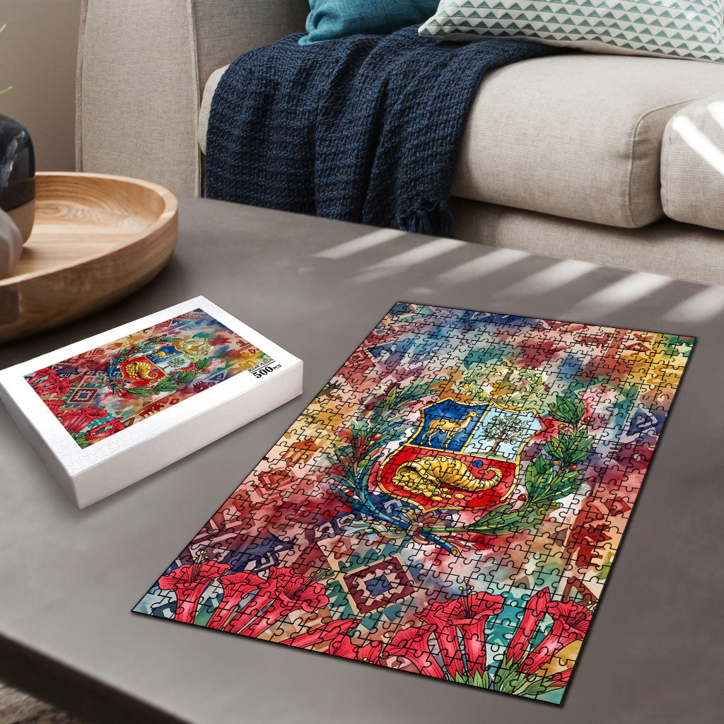 Peru National Emblem Marinera Puzzle Watercolor Splash Inca Pattern