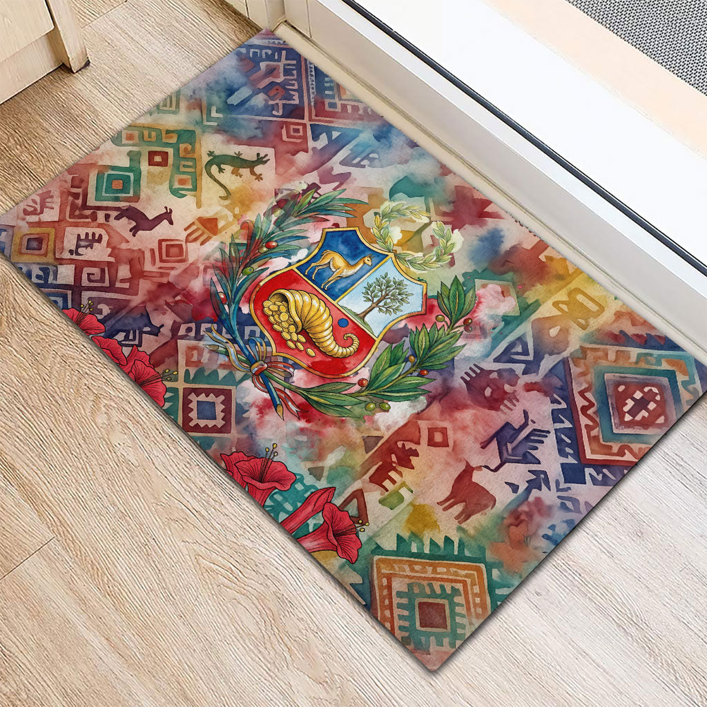 Peru National Emblem Marinera Rubber Doormat Watercolor Splash Inca Pattern