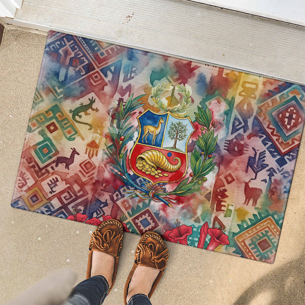 Peru National Emblem Marinera Rubber Doormat Watercolor Splash Inca Pattern