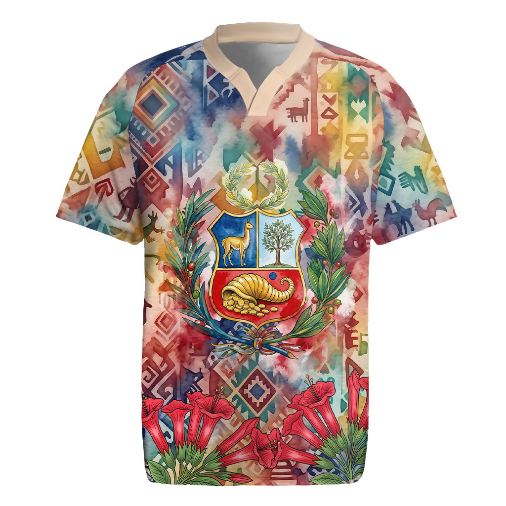 Peru National Emblem Marinera Rugby Jersey Watercolor Splash Inca Pattern