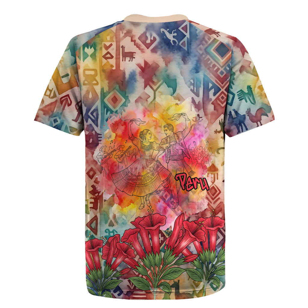 Peru National Emblem Marinera Rugby Jersey Watercolor Splash Inca Pattern