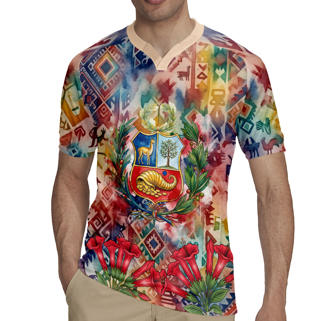 Peru National Emblem Marinera Rugby Jersey Watercolor Splash Inca Pattern