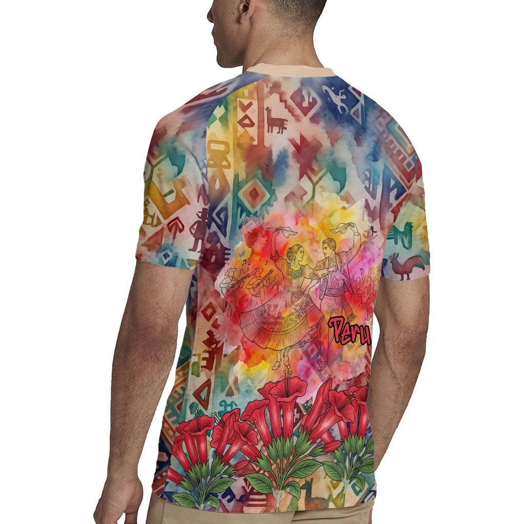 Peru National Emblem Marinera Rugby Jersey Watercolor Splash Inca Pattern