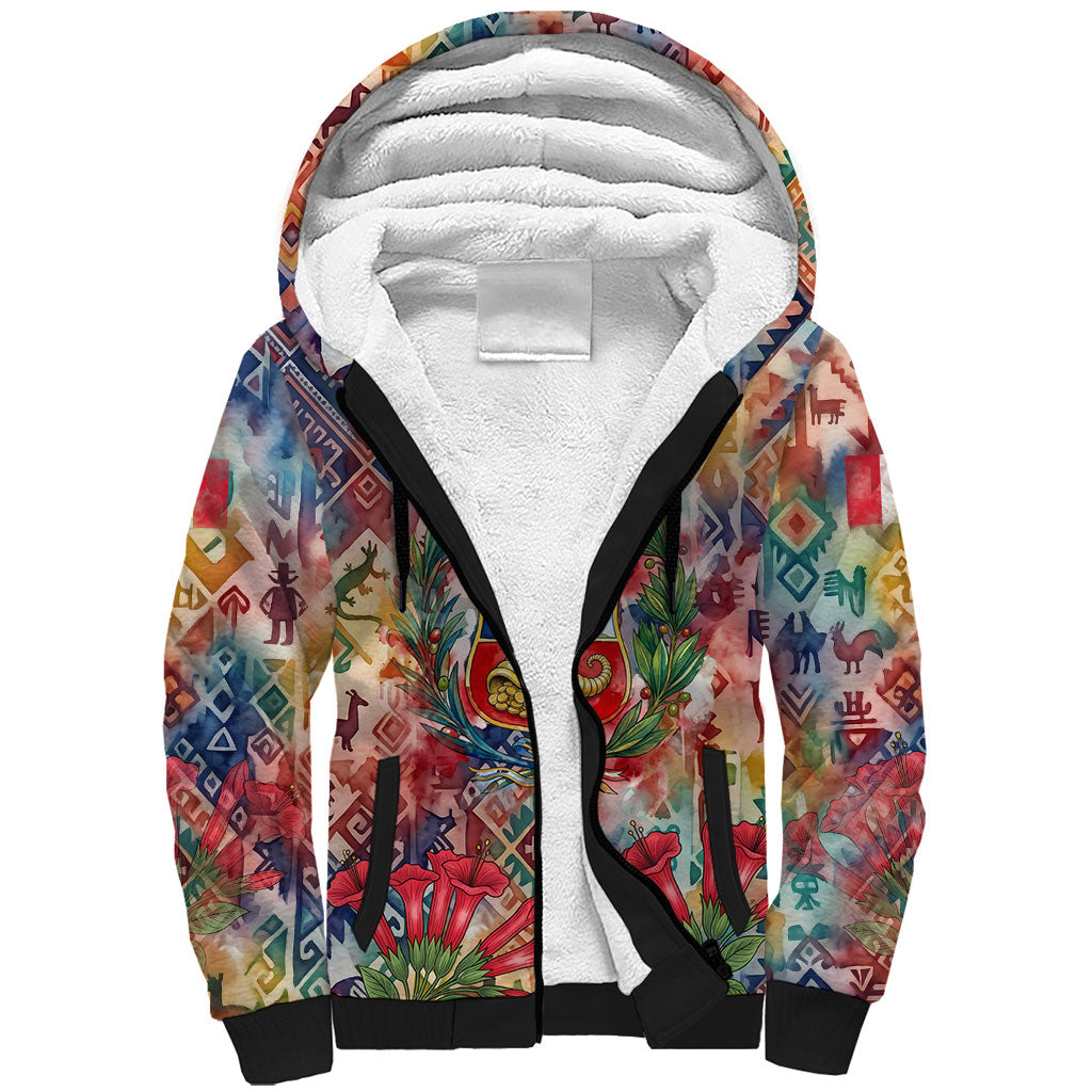 Peru National Emblem Marinera Sherpa Hoodie Watercolor Splash Inca Pattern