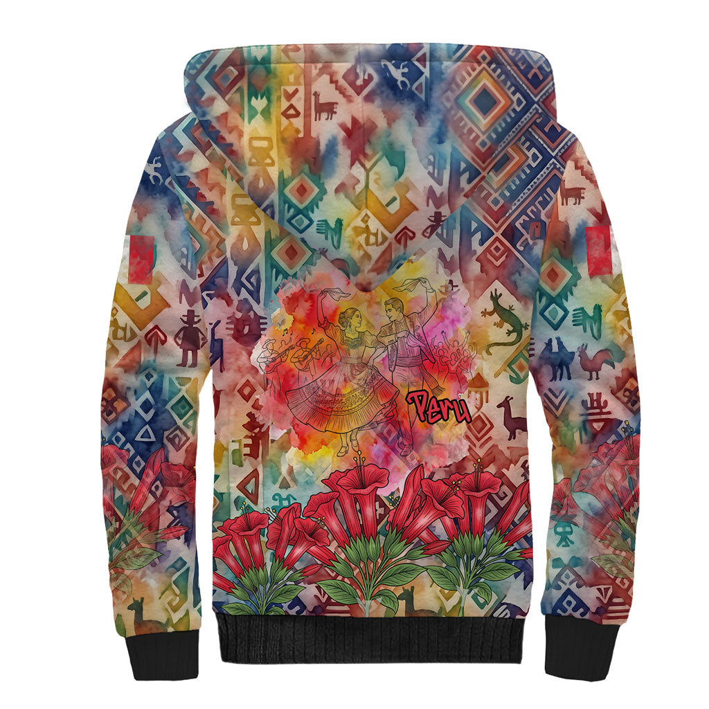 Peru National Emblem Marinera Sherpa Hoodie Watercolor Splash Inca Pattern