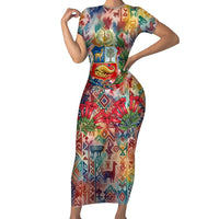 Peru National Emblem Marinera Short Sleeve Bodycon Dress Watercolor Splash Inca Pattern