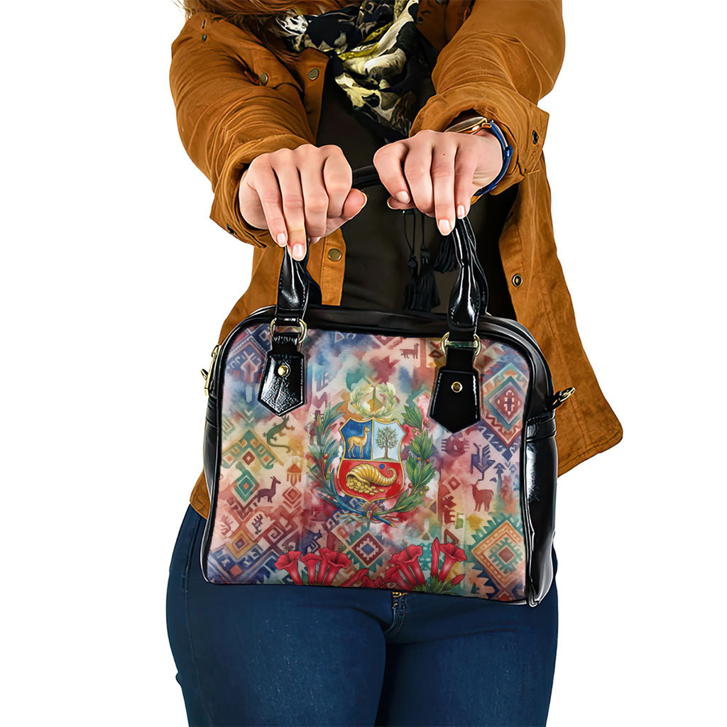Peru National Emblem Marinera Shoulder Handbag Watercolor Splash Inca Pattern