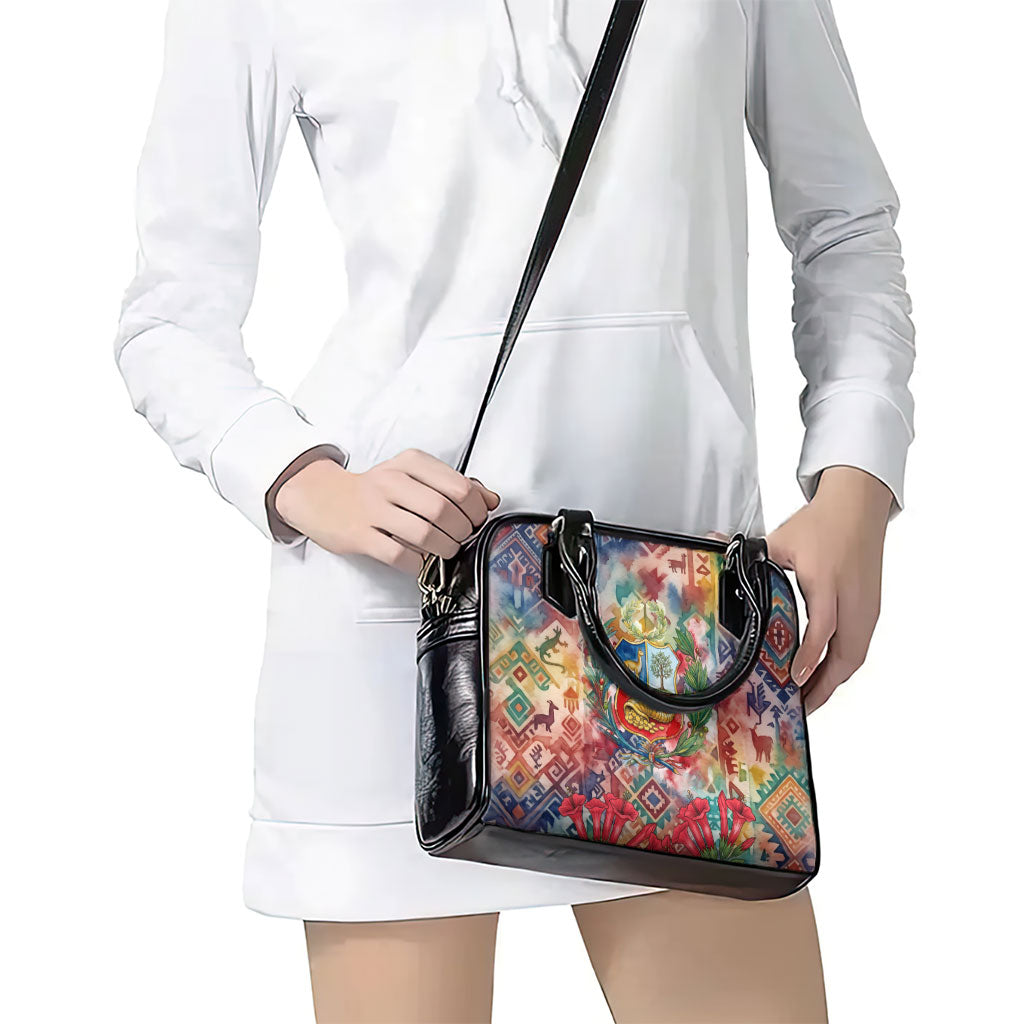 Peru National Emblem Marinera Shoulder Handbag Watercolor Splash Inca Pattern