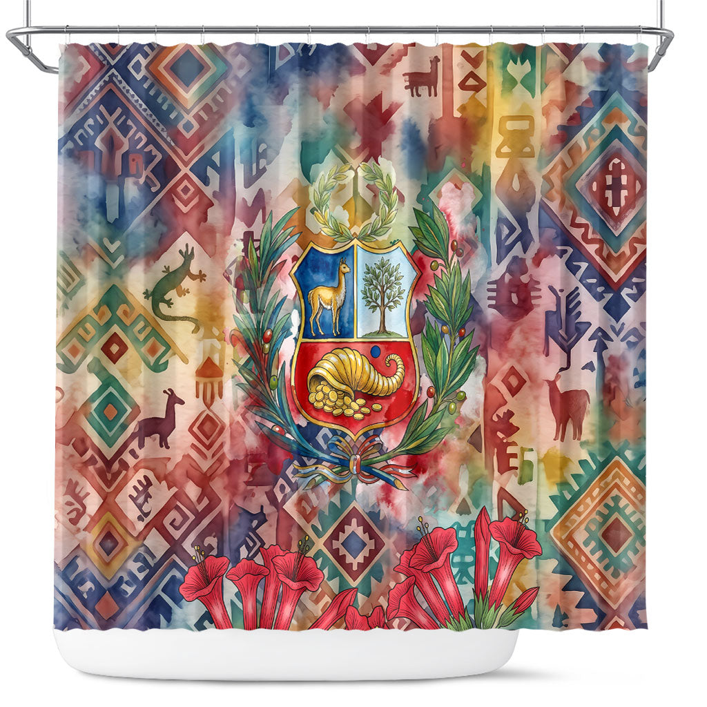 Peru National Emblem Marinera Shower Curtain Watercolor Splash Inca Pattern