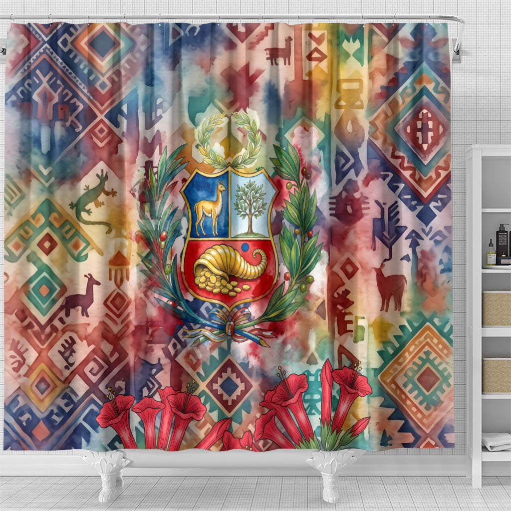Peru National Emblem Marinera Shower Curtain Watercolor Splash Inca Pattern