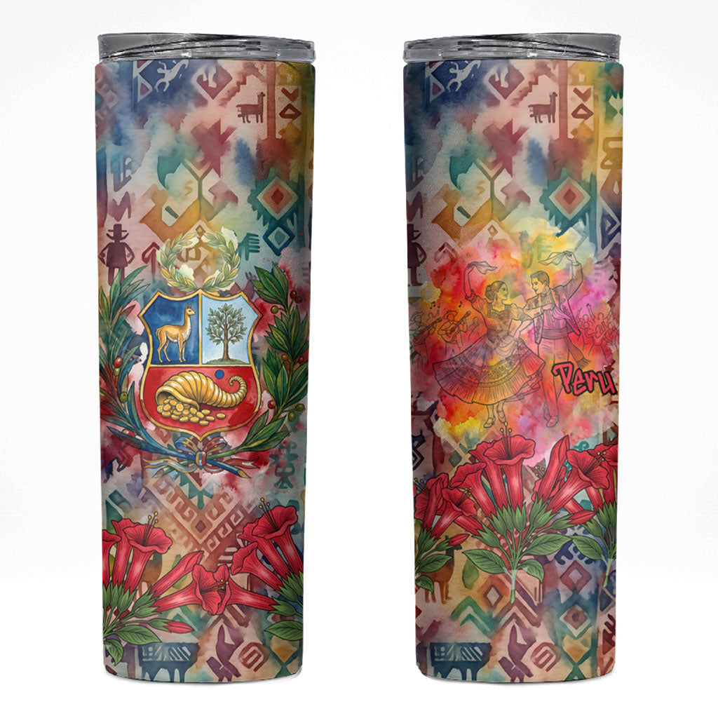 Peru National Emblem Marinera Skinny Tumbler Watercolor Splash Inca Pattern