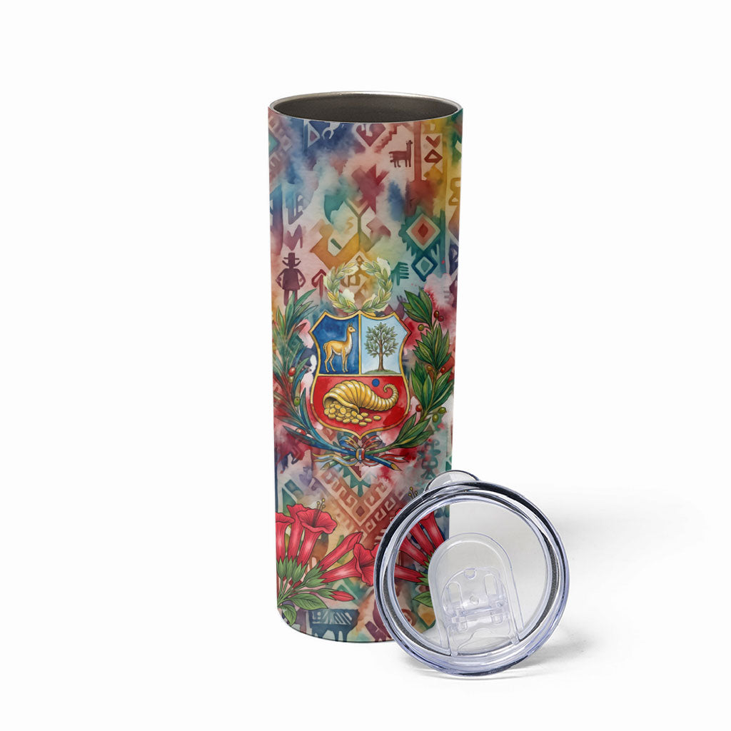 Peru National Emblem Marinera Skinny Tumbler Watercolor Splash Inca Pattern