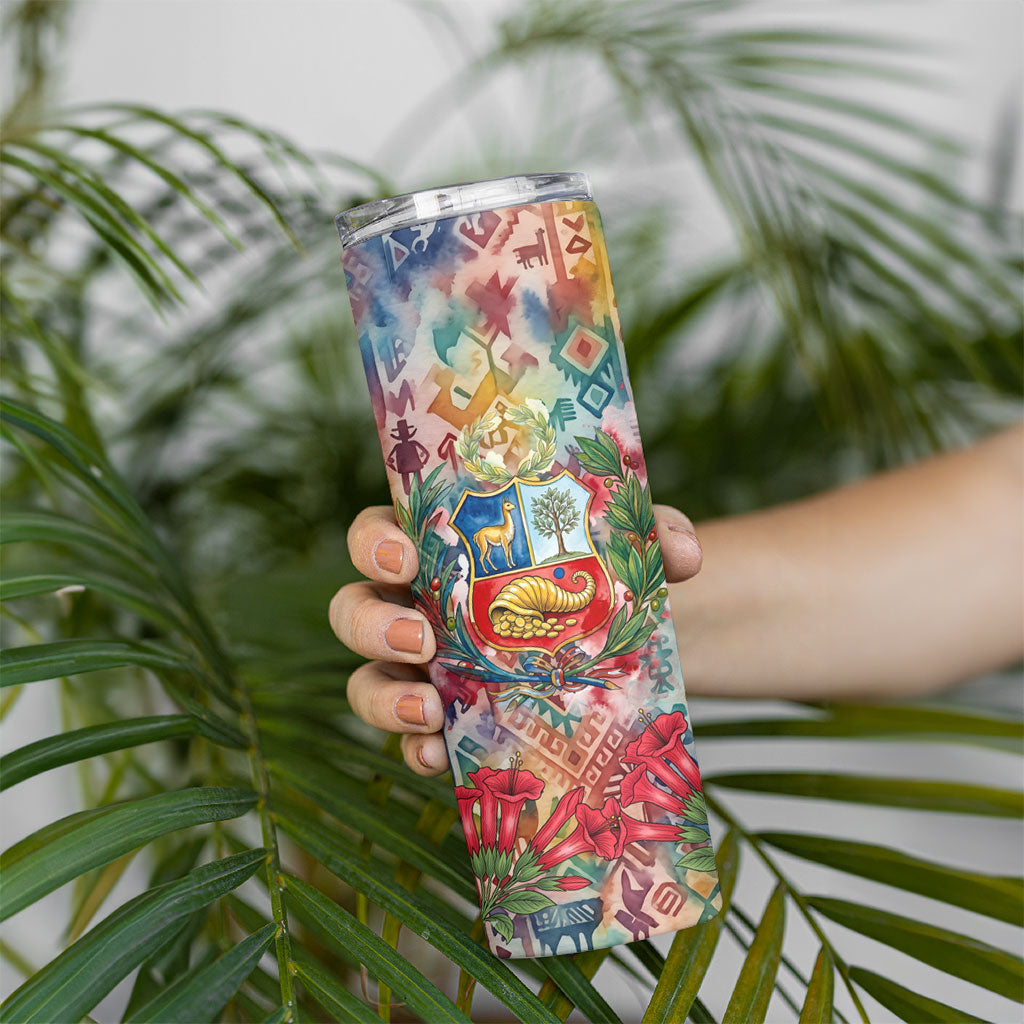 Peru National Emblem Marinera Skinny Tumbler Watercolor Splash Inca Pattern