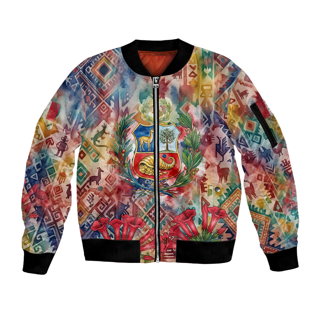 Peru National Emblem Marinera Sleeve Zip Bomber Jacket Watercolor Splash Inca Pattern