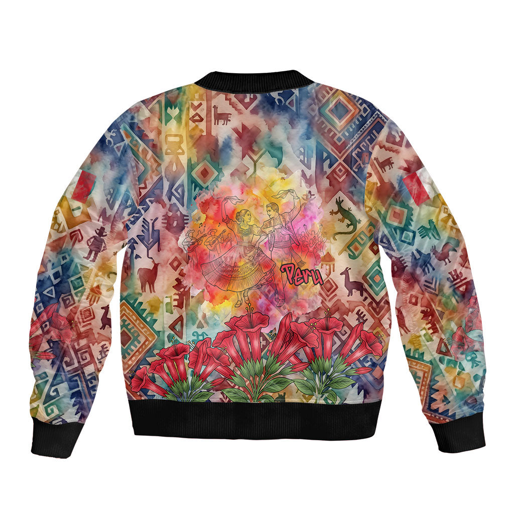 Peru National Emblem Marinera Sleeve Zip Bomber Jacket Watercolor Splash Inca Pattern