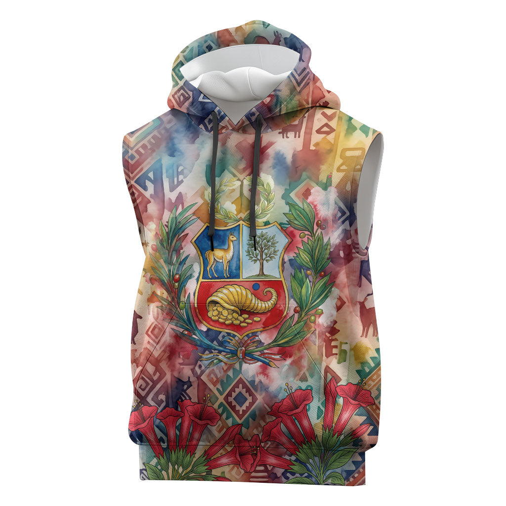 Peru National Emblem Marinera Sleeveless Hoodie Watercolor Splash Inca Pattern