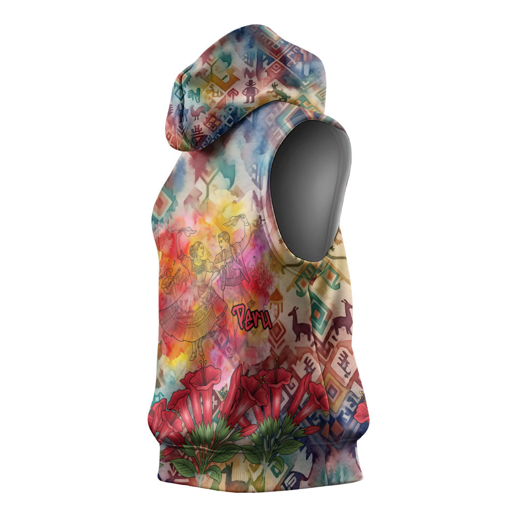 Peru National Emblem Marinera Sleeveless Hoodie Watercolor Splash Inca Pattern