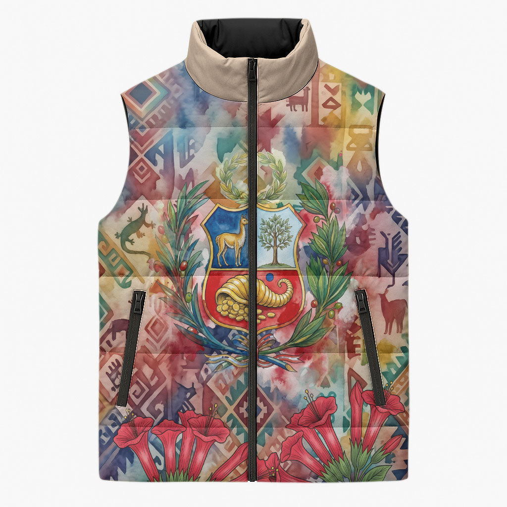 Peru National Emblem Marinera Sleeveless Puffer Jacket Watercolor Splash Inca Pattern